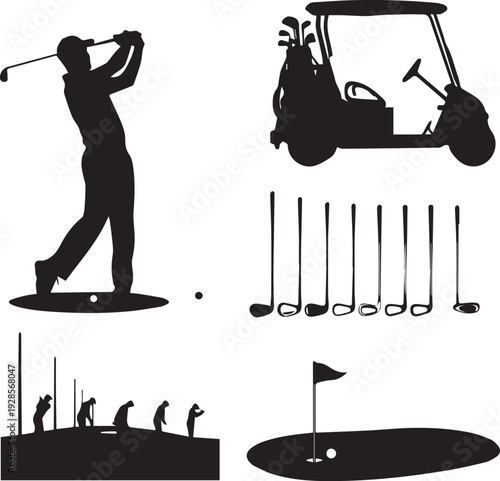 Golf Silhouette Vector Set - Golfer Swinging, Golf Cart, Clubs, and Putting Green Icons