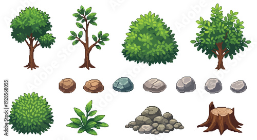 This image displays a collection of pixel art natural elements including trees, bushes, rocks, a plant, and a tree stump, suitable for game environments.