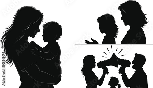 Black silhouettes depicting family interactions including nurturing embrace, parent-child communication, and adult confrontation with megaphones witnessed by child in stylized vector design