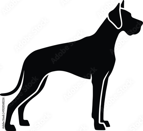Black silhouette of Great Dane dog standing in profile facing right, with muscular build, tall stature, cropped ears, and outlined tail in stylized vector design
