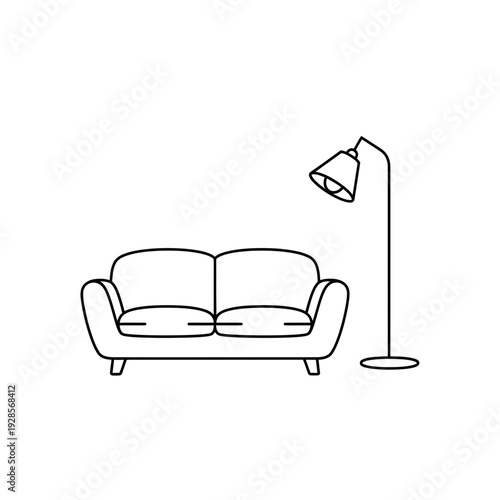 Minimalist outline illustration of a modern two-seater sofa next to a sleek floor lamp, perfect for interior design and home decor concepts