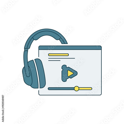 Outline icon of headphones and a video player interface, symbolizing digital media playback and online content streaming for modern users