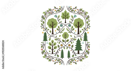 Trees in a decorative pattern design.