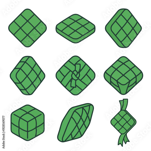 Ketupat Perspective Variations Flat Vector Illustration Set