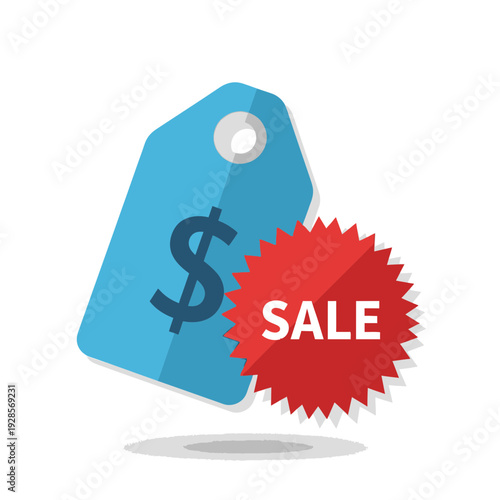 Blue tag with a dollar sign and a red starburst label announcing a sale, representing commerce and discounts