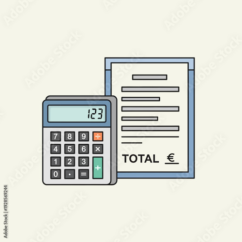 Streamlined financial calculation concept with a modern vector illustration of a digital calculator and an invoice document, symbolizing budget planning, expense tracking, and cost management