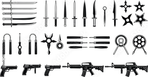 Black Martial Arts Weapons Collection Silhouette Set Featuring Knives Swords Shuriken Pistols and Rifles Vector Illustration