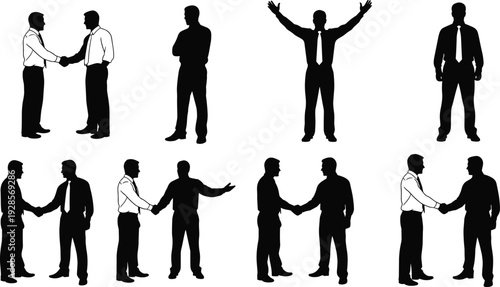 Business people handshake silhouette set showing professional meeting agreement poses isolated on white background