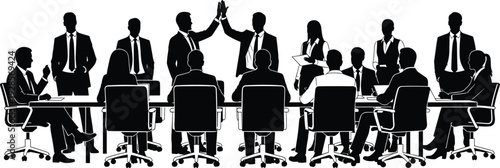 Business team meeting silhouettes with executives celebrating success and discussing strategy in office boardroom