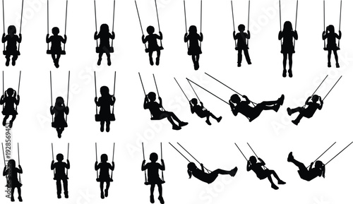 Children on swing silhouette set with different playful poses isolated on white background