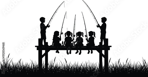Children fishing together on wooden dock silhouette group outdoor activity isolated on white background