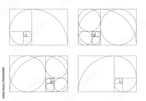 Ratio used in design, golden ratio. Fibonacci numbers array collection of 4 elements. Template of golden ratio harmony proportions.