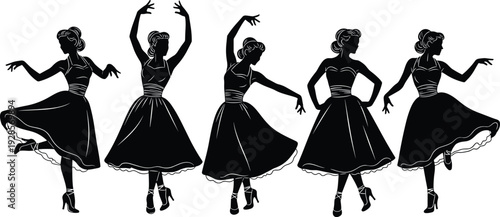 Elegant female dancer silhouettes vintage dress dance poses retro woman vector illustration set