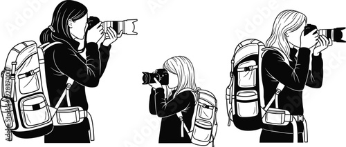 Female photographer with backpack taking photos using DSLR camera vector character illustration set