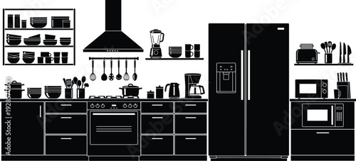 Modern kitchen interior silhouette with appliances cabinets cookware and utensils isolated on white background