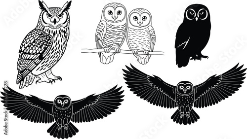 Owl collection set with flying perched and detailed line art silhouettes isolated on white