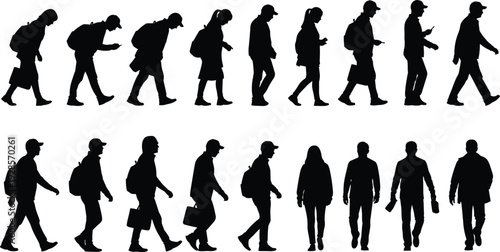 People walking with smartphones and bags silhouette collection showing urban pedestrian motion isolated on white