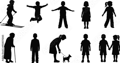 People silhouettes collection including kids playing elderly walking skiing and family figures vector set