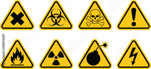 Danger Warning Sign Icon Set, toxic poison biohazard symbols, chemical hazard skull yellow triangle caution vector collection