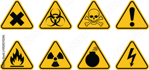 Danger Warning Sign Icon Set, poison toxic biohazard caution signs, skull chemical yellow triangle symbols vector illustration.