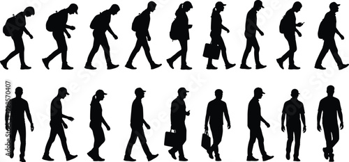 Walking people silhouettes collection with men and women in casual urban motion vector set