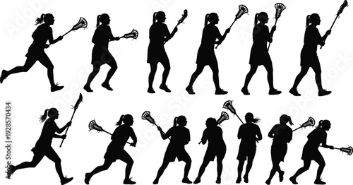Women lacrosse players silhouettes set in action poses sports vector illustration collection