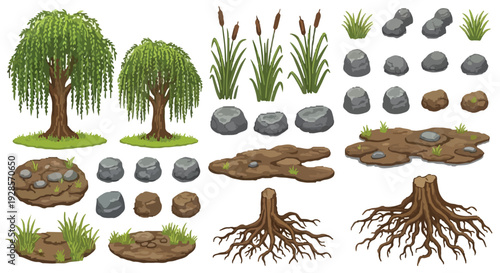 A versatile vector set featuring cartoonish natural elements like willow trees, cattails, grass, rocks, dirt patches, and tree stumps with roots.