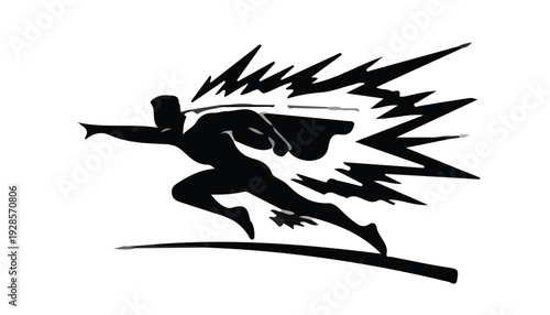 A dynamic black silhouette of a man in a top hat running with motion lines on a white background.