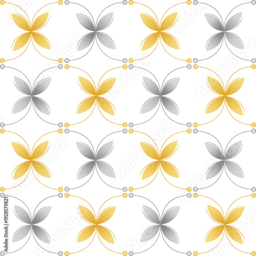 Elegant seamless background featuring geometric floral elements in gold and silver gradients on a white background.
