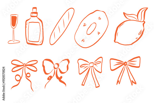 Hand drawn orange vector clipart set with summer elements, lemon, pineapple slice, baguette, drink glass, sun lotion bottle and decorative bows isolated on white background