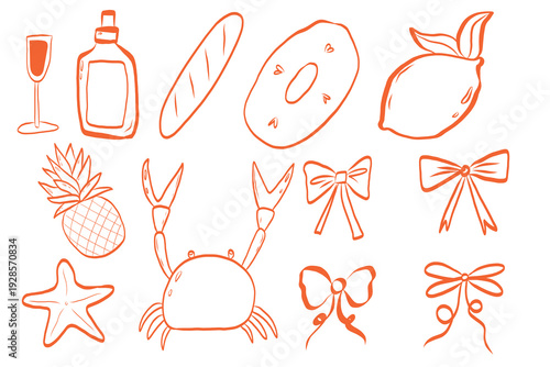Hand drawn orange outline vector summer clipart set with sea crab, starfish, pineapple, lemon, baguette, beautiful bows, cocktail glass, sun lotion bottle and fruit slice isolated on white