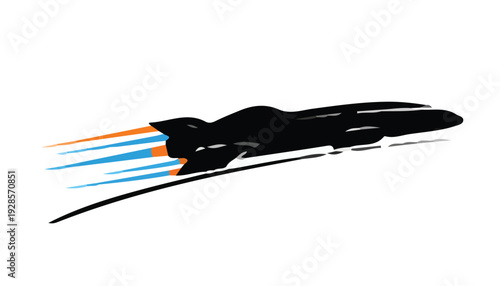 A sleek black bullet train speeding along a track with motion blur in blue and orange hues against a white background.