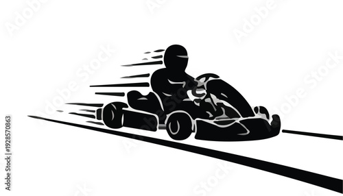 Black silhouette of a person racing a go-kart on a track with motion lines on a white background.