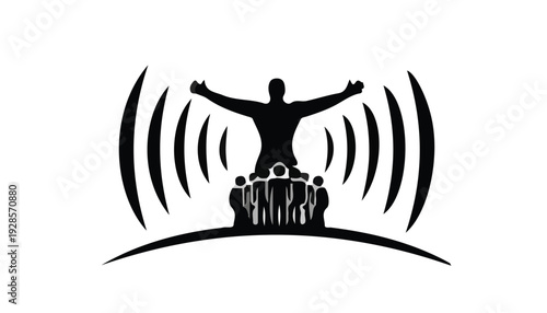 Black silhouette of a man with outstretched arms standing on a group of people with curved lines radiating from him against a white background.