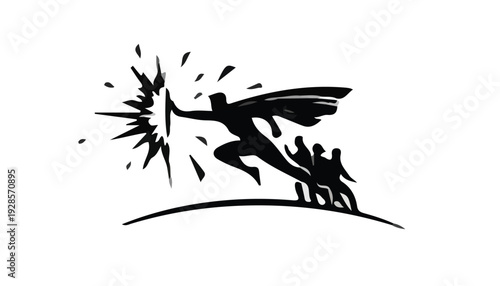 Black silhouette illustration of a winged figure breaking through a barrier with two people in the background on a white background.