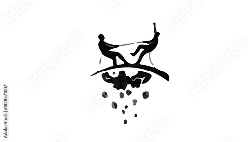 Silhouette of two people on a seesaw with falling objects against a white background.