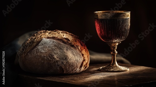 Bread and wine for Holy Week. Last Supper communion elements on a dark wooden table. Eucharist sacrament still life with chalice and rustic loaf. Religious concept with copy space