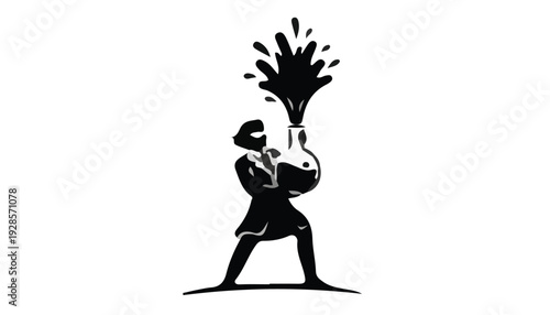 A man holds a large beaker with liquid splashing out, in a black silhouette against a white background.
