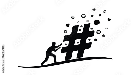 Silhouette of a person pushing a large hashtag symbol with various shapes bursting out, on a plain white background.