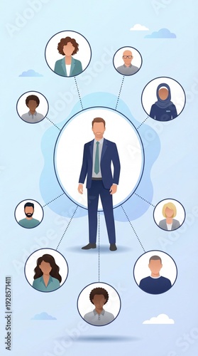 Corporate Leadership Structure Illustrating a Central Manager Coordinating Team Members, Delegating Responsibilities and Maintaining Organizational Alignment Across Departments, Flat Illustration