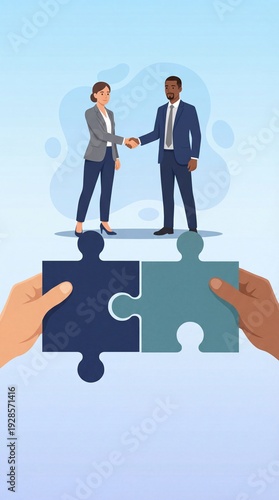 Business Partnership and Team Collaboration Concept with Handshake and Puzzle Pieces Symbolizing Agreement and Synergy, Flat Illustration, Vertical bg