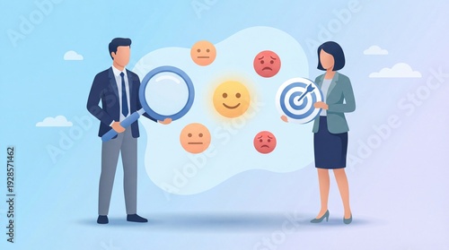 Wallpaper Mural Customer Satisfaction Analysis and Targeted Improvement Strategy Concept with Business Professionals Evaluating Feedback and Performance Indicators, Flat Illustration Torontodigital.ca
