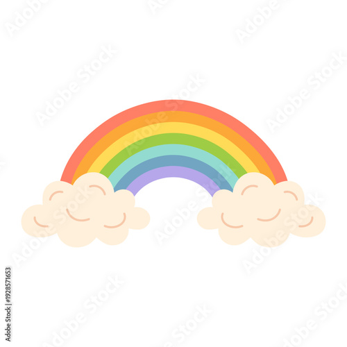 Rainbow illustration with white clouds. Bright Irish festive symbol for St. Patrick celebration, holiday greeting, party print, colorful seasonal, kids decoration. Flat vector. Hand drawn. Isolated.
