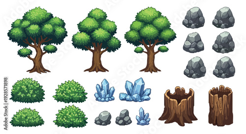 A diverse set of stylized vector game assets including various green trees, bushes, grey rocks, blue crystals, and brown tree stumps.