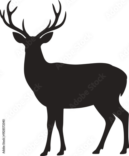 Black Deer Silhouette With Large Antlers Isolated On White Background For Rustic Wildlife DesignBlack Deer Silhouette With Large Antlers Isolated On White Background For Rustic Wildlife Design