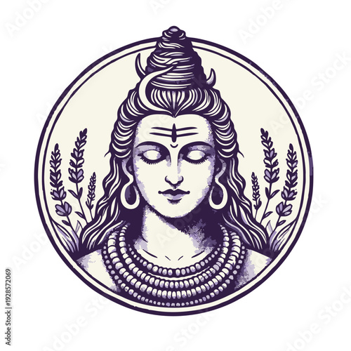 Lord Shiva Meditating Illustration with Third Eye and Spiritual Symbols in Circular Frame