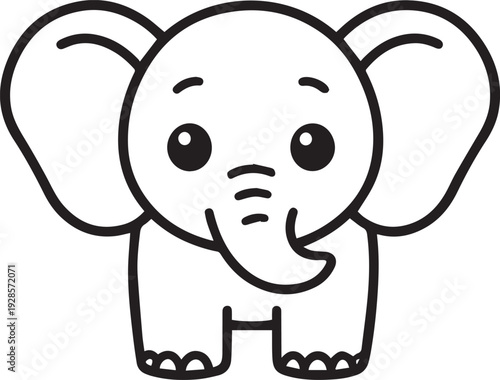 An adorable, cheerful baby elephant, simple line art, radiating joy and cuteness.