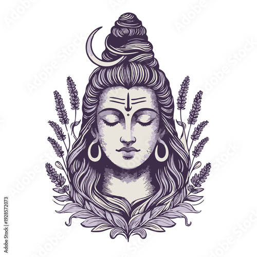 Divine Lord Shiva face illustration with meditative expression, adorned with crescent moon and lavender flowers in a spiritual, hand-drawn vector art style.