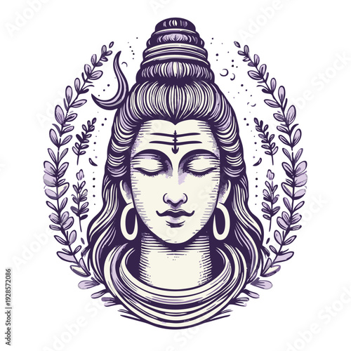 Meditative Lord Shiva Head Illustration with Third Eye, Crescent Moon, and Foliage in Stylized Purple Art