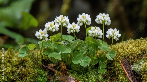White Clover Flowers on Mossy Log blossoms green